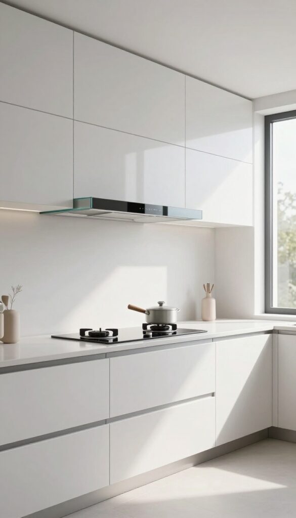 Modern kitchen with a transparent glass canopy vent hood above a range, allowing light to pass through for an airy feel.