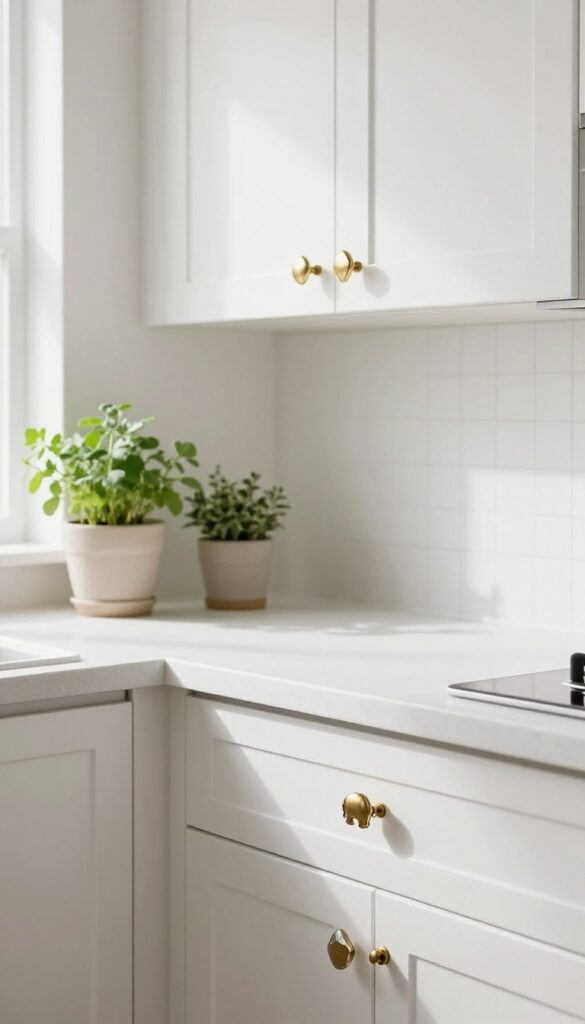 White kitchen cabinets with whimsical brass animal and glass gem knobs and pulls