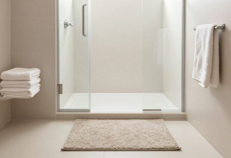 Modern bathroom with a stylish shower mat, clean tiles, and soft lighting, showcasing a quick decor upgrade.