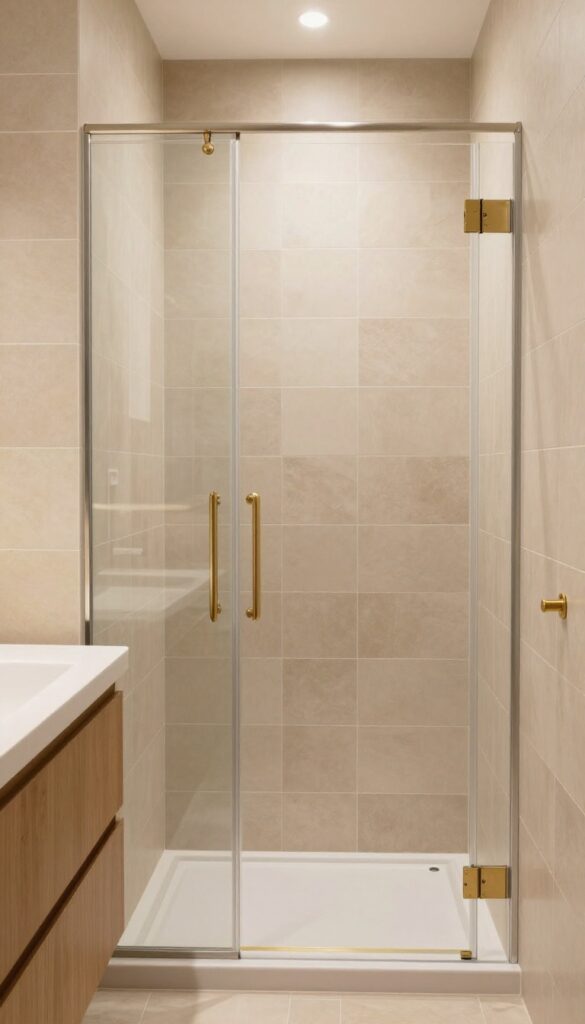 A walk-in tile shower with warm-toned tiles in sandy beige and soft taupe, illuminated by natural light, paired with wood vanities and brass fixtures for a cozy bathroom aesthetic.