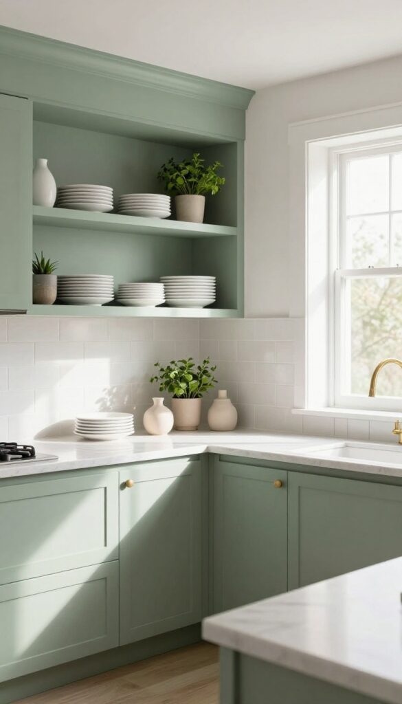 Open shelving in sage green with white dishes and plants in a bright kitchen