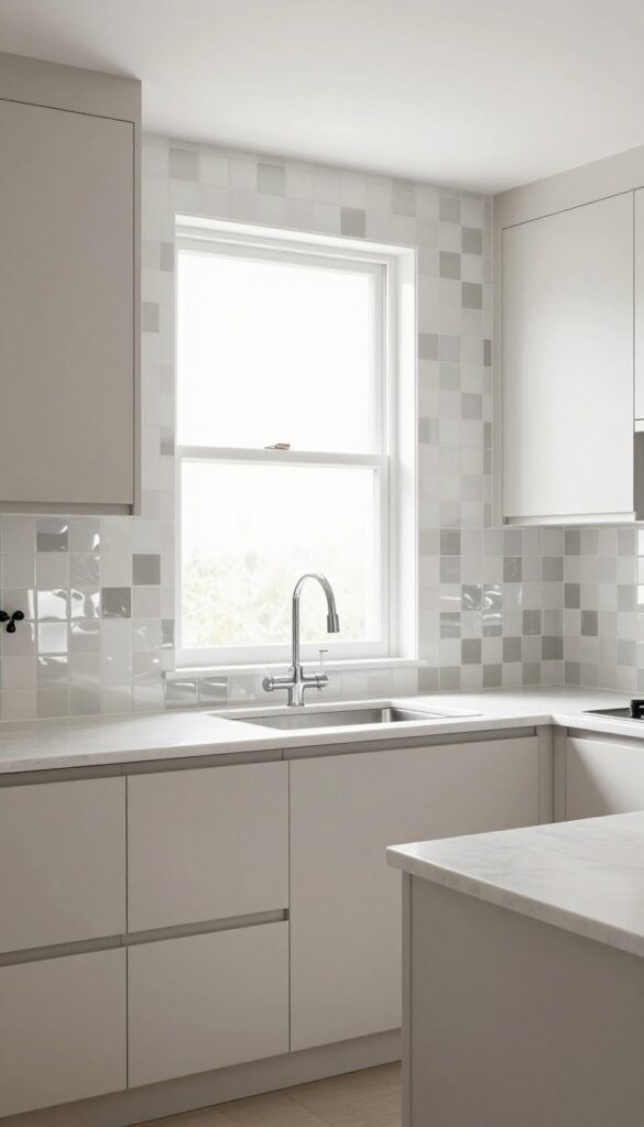 Kitchen splashback with mirrored and matte white checkerboard tiles reflecting light, making the space feel larger.