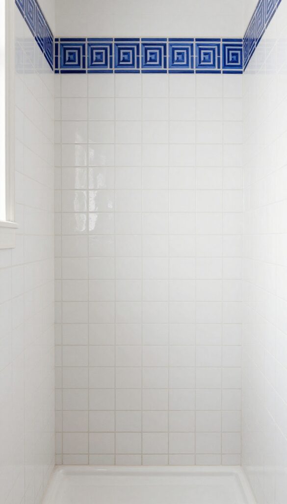 Close-up view of a shower framed by a decorative tile border in a bathroom, highlighting custom design details with bright natural lighting.
