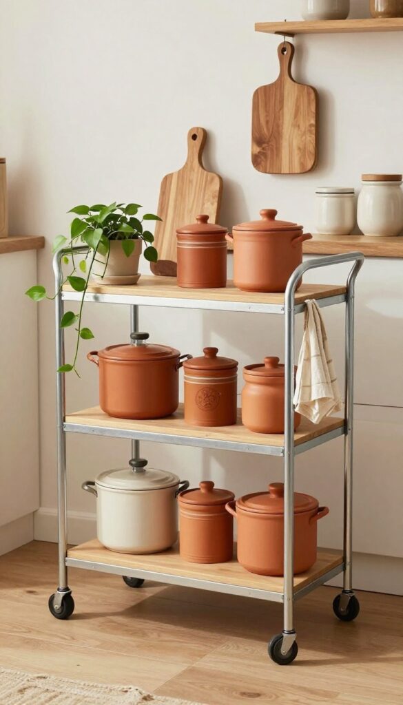 Two-tier metal cart in Indian kitchen with storage and plants