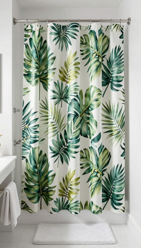 A stylish waterproof shower curtain with tropical leaf print in a bright modern bathroom