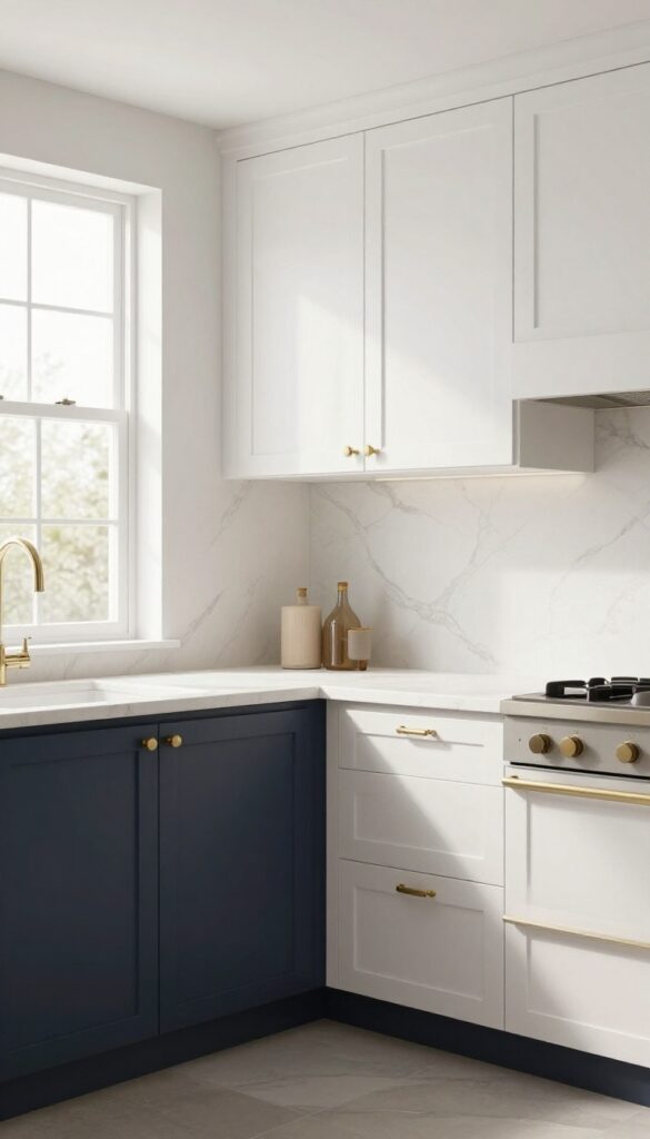 Kitchen with soft white upper cabinets and deep navy lower cabinets, white countertops, brass hardware, and natural light