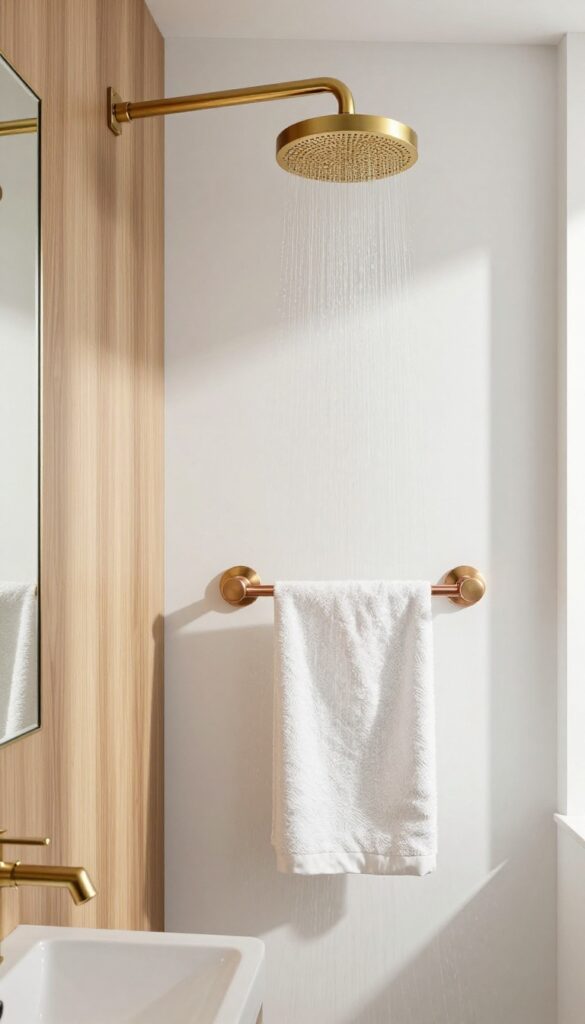 Close-up of brass or copper fixtures in a modern bathroom with rainfall shower, showcasing subtle shine and elegant glow against white and wood decor.