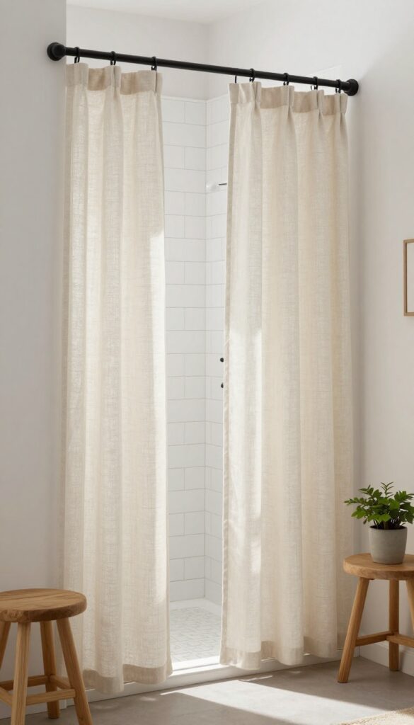 Linen shower curtain on tension rod in bright bathroom