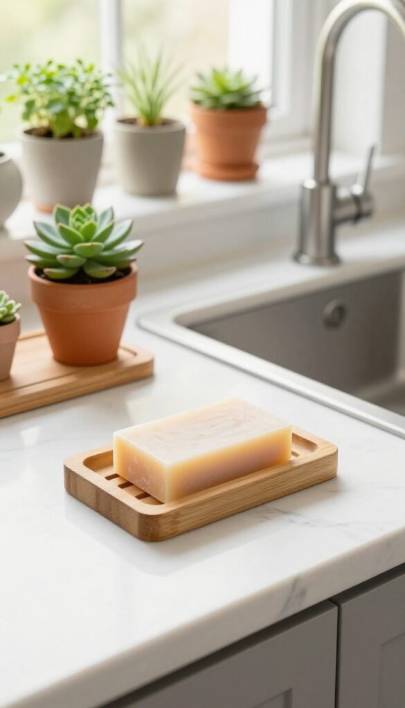 Bamboo soap tray on white marble countertop with succulent and wooden cutting board in bright kitchen
