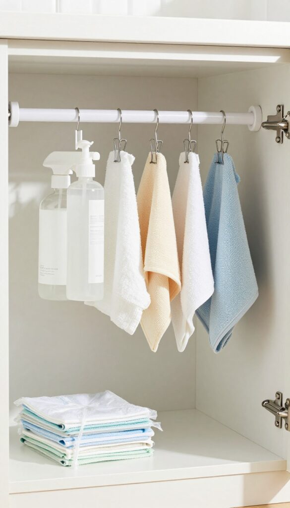 Under-sink cabinet organized with a tension rod holding spray bottles and cloths