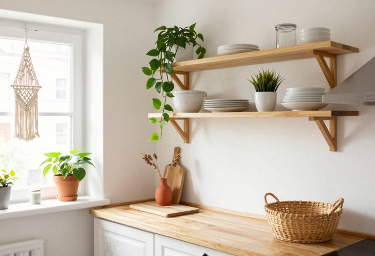 Cozy small boho kitchen with open shelving, macrame plant hanger, and vintage runner