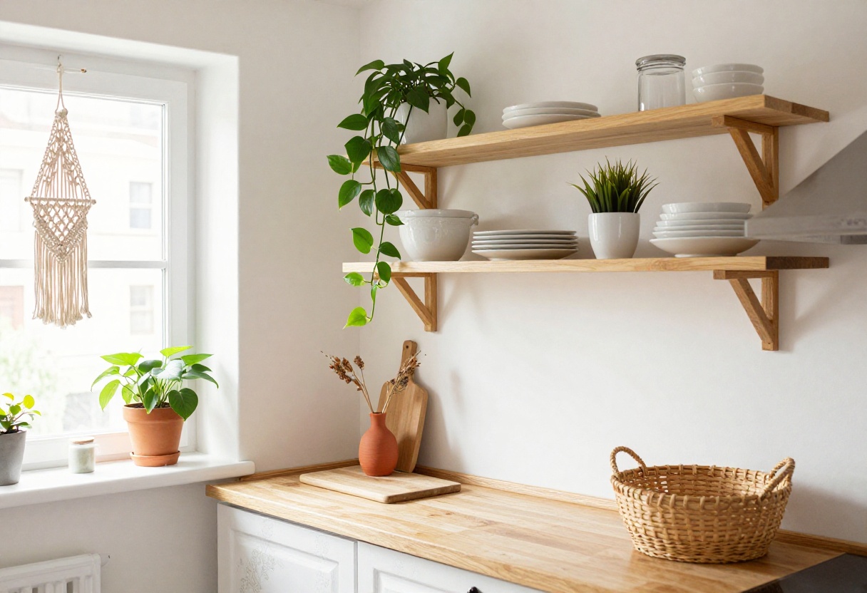 Cozy small boho kitchen with open shelving, macrame plant hanger, and vintage runner