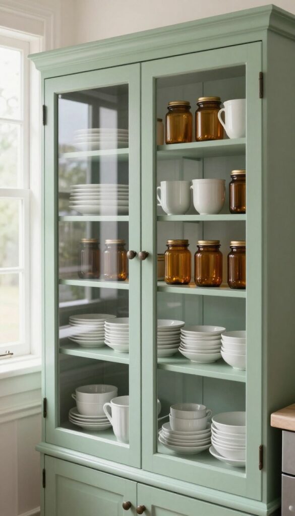 Vintage kitchen with glass-front cabinets displaying white dishes and amber jars on sage green shelves.