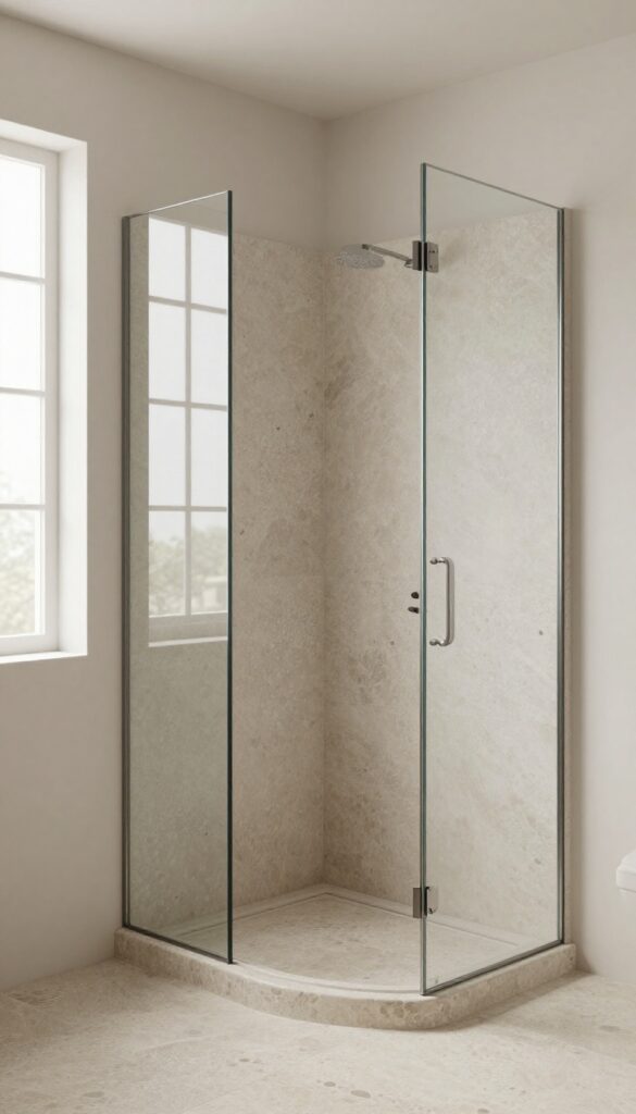 Corner glass shower with a pebble floor in a small bathroom, featuring natural stone texture and bright lighting for a spacious, spa-like atmosphere