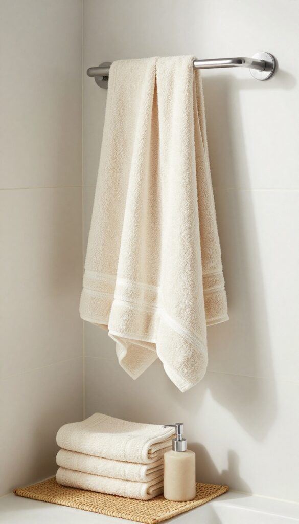 A small stand-up shower with coordinated towels and accessories in complementary colors and textures, showcasing a cohesive and stylish design.