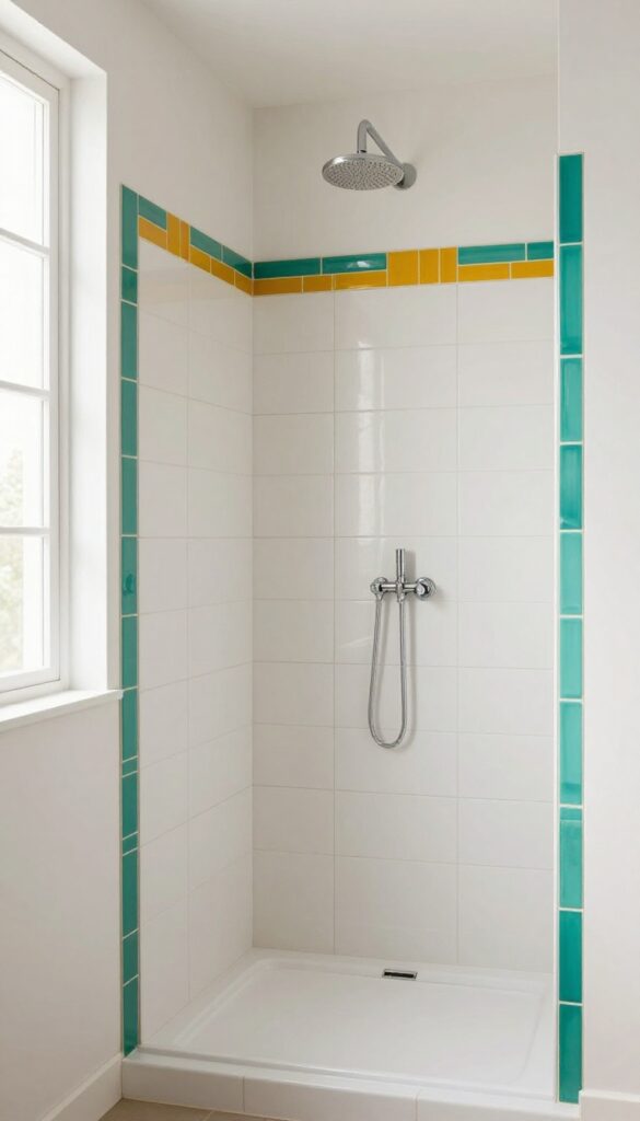 A bright teal or mustard ceramic border tile frames a neutral white shower in a clean, well-lit bathroom interior.