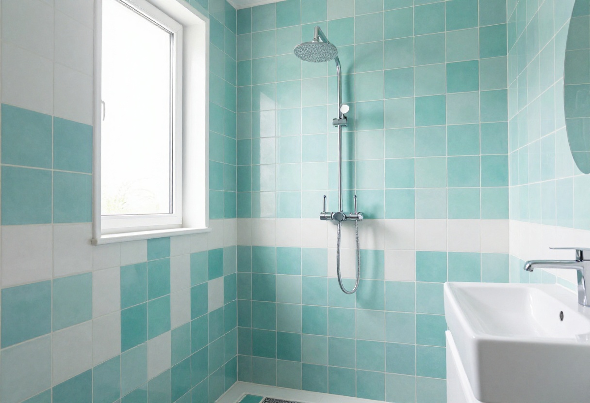 Modern bathroom shower with teal and white geometric tile backsplash, natural lighting, and sleek fixtures