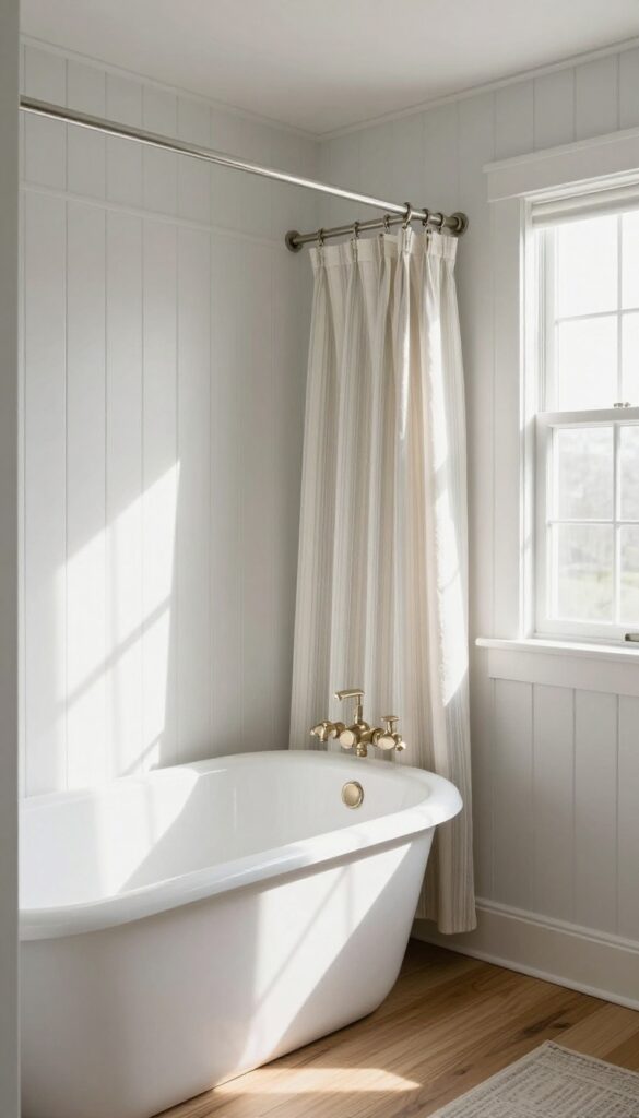Farmhouse style bathroom with apron-front tub and rustic shower curtain