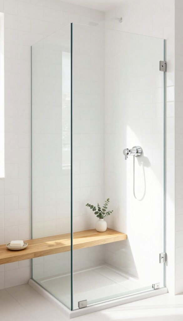 Teak bench in corner of stand-up shower with eucalyptus and soap
