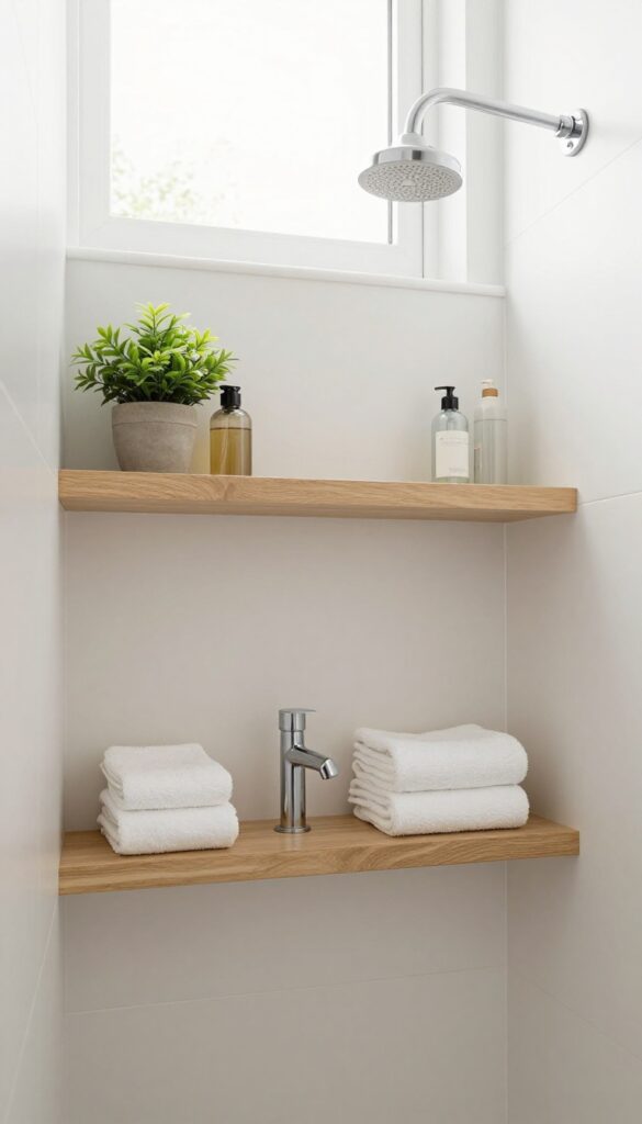 A modern bathroom shower with a half wall and open shelf extension displaying plants and decor in bright natural light.