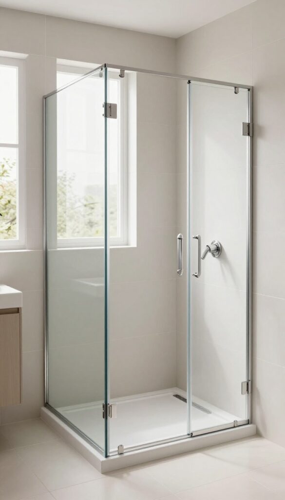 A frameless glass walk-in shower in a bright bathroom with natural light and clean tile design.