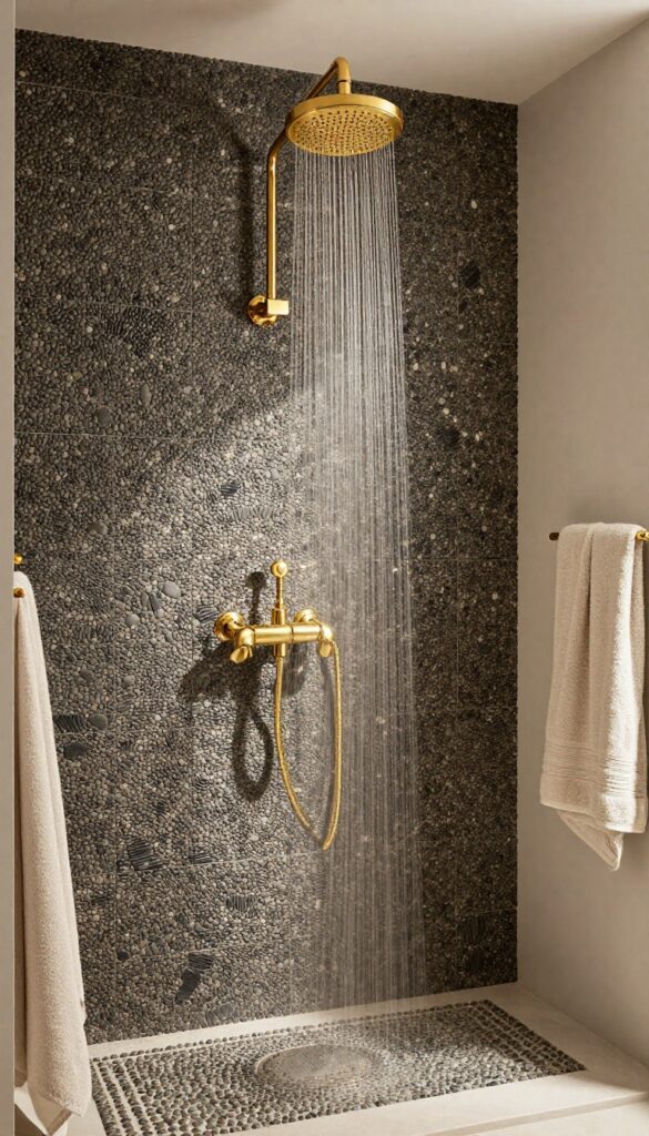 Close-up of a shower floor with dark pebbles and gold fixtures in bright natural light, showcasing a luxurious bathroom design with warm tones and clean composition.