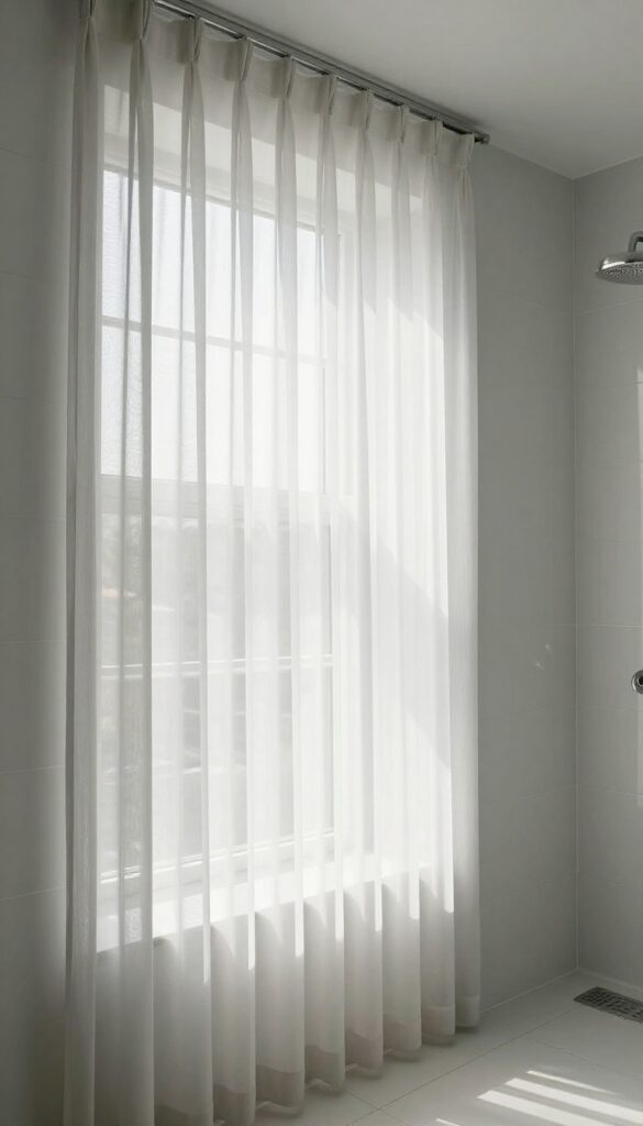 Layered sheer and opaque curtain panels in a bright bathroom with natural light, creating a polished and functional shower decor look.