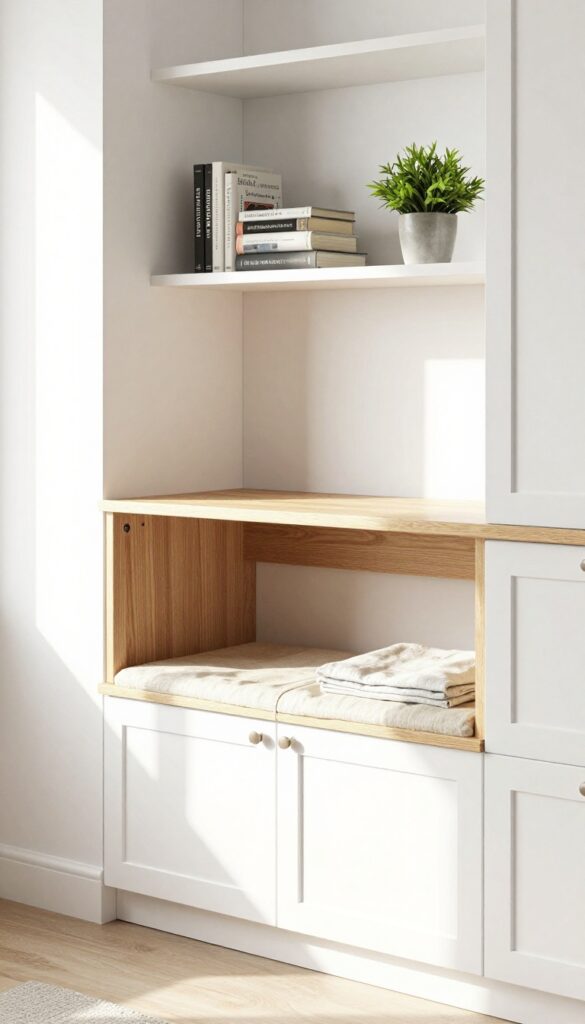 A low wooden bench-style hutch with hinged seat open to reveal hidden storage for linens, topped with a slim shelf displaying cookbooks and a plant in an airy kitchen.