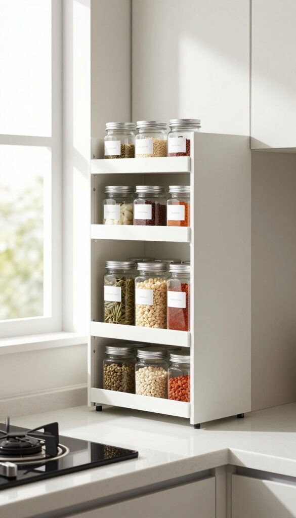 Pull-out spice rack next to stove in modern Indian kitchen