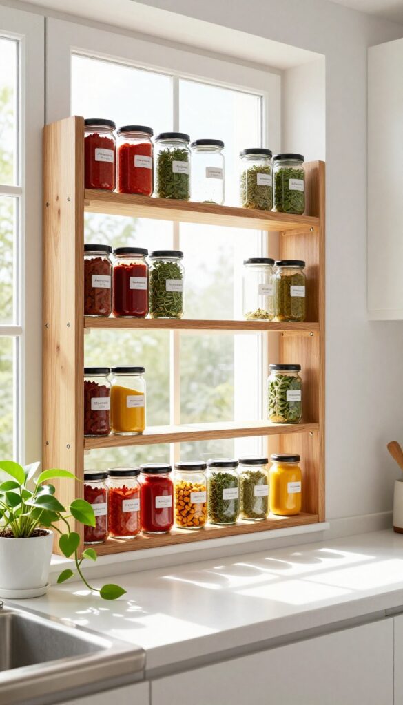 A kitchen window with a wooden spice rack on the sill holding glass jars of spices and a small trailing plant.