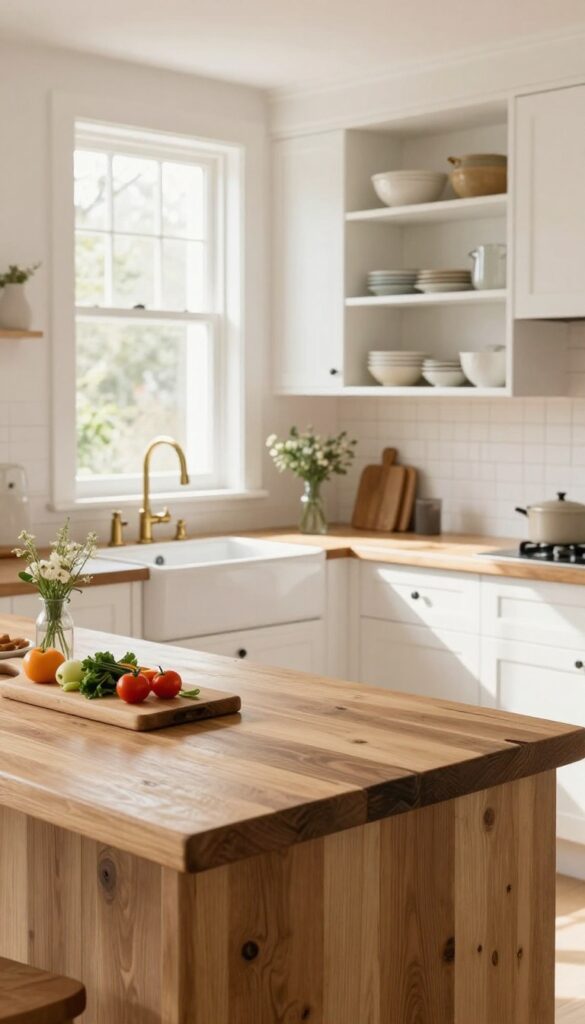 Warm wood countertops in a cottage core kitchen with natural light and rustic decor
