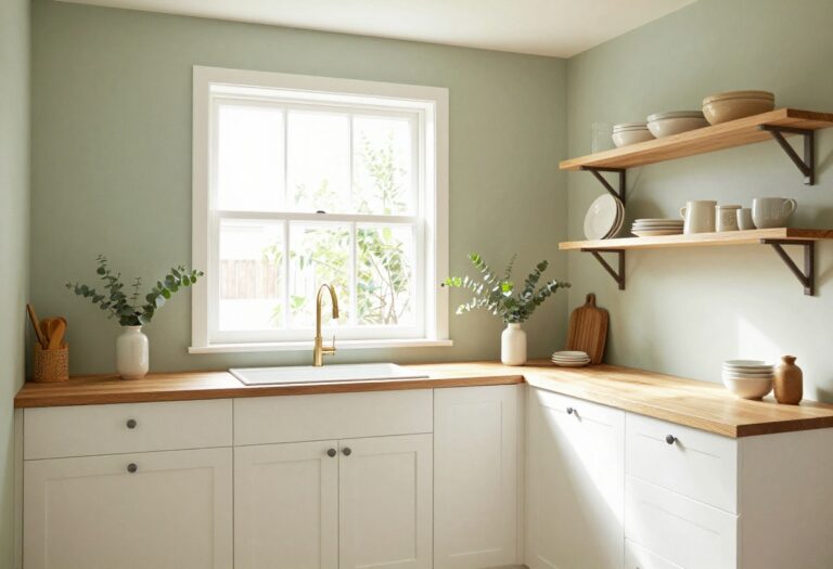 Cozy kitchen with sage green walls, white cabinets, open wooden shelves, and fresh eucalyptus on the counter.