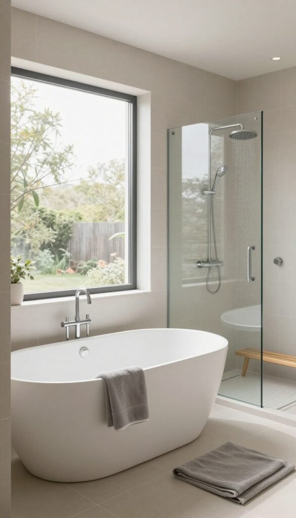 Freestanding tub with glass-enclosed walk-in shower in bright neutral bathroom