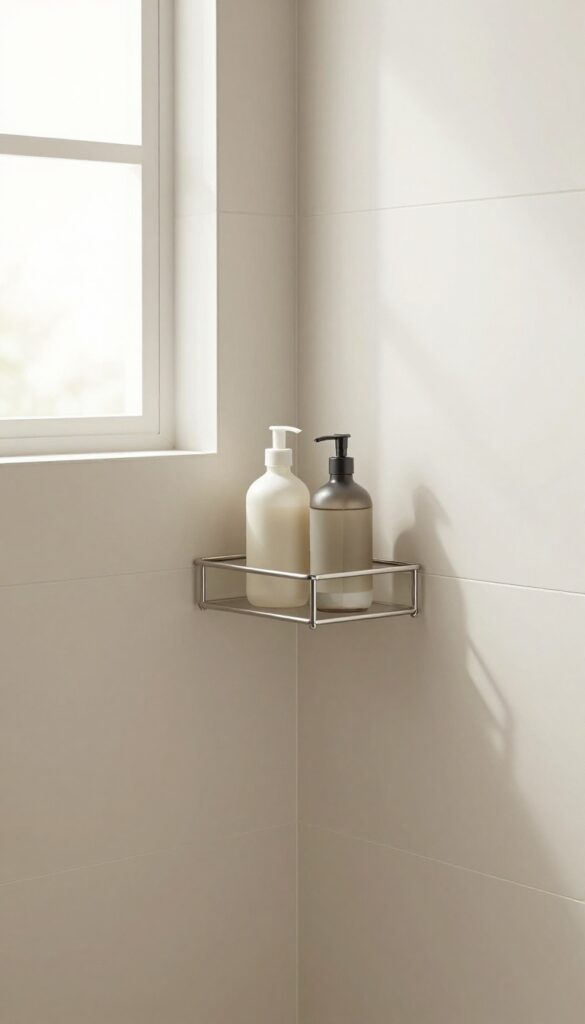 Minimalist corner caddy in a shower with neutral bottles and natural light