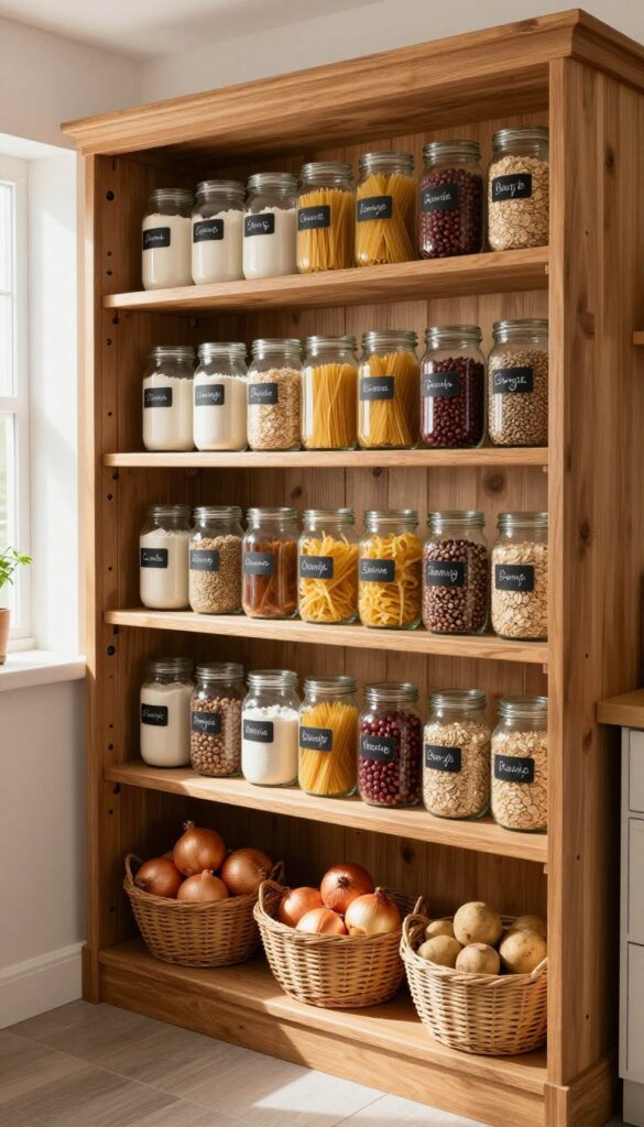 Open pantry shelving with glass jars filled with staples like flour and pasta, woven baskets on lower shelves, warm wood shelves, soft natural light.
