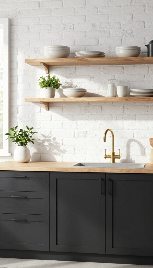 Whitewashed brick veneer backsplash in a bright kitchen with wood shelves and matte black hardware