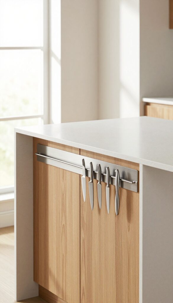 Kitchen island with magnetic knife strip mounted under the overhang, showing knives stored horizontally.