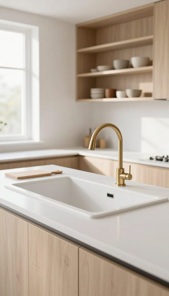 Modern kitchen with integrated stone sink and brass faucet