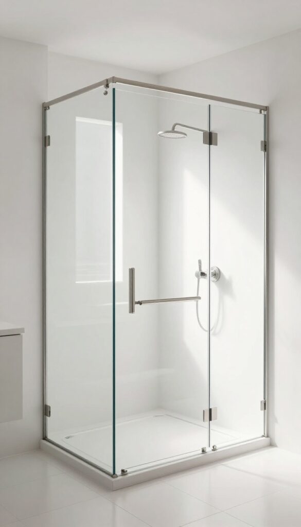 A pony wall shower with glass inserts allowing light to pass through, featuring modern fixtures and a bright, open bathroom design.