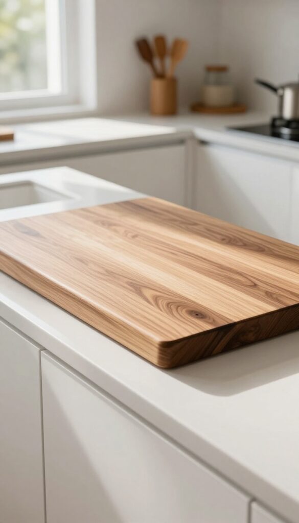 Butcher block slab prep station on white countertop in bright kitchen