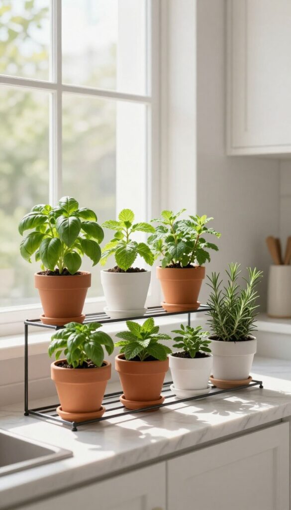 Kitchen windowsill herb garden with tiered stand