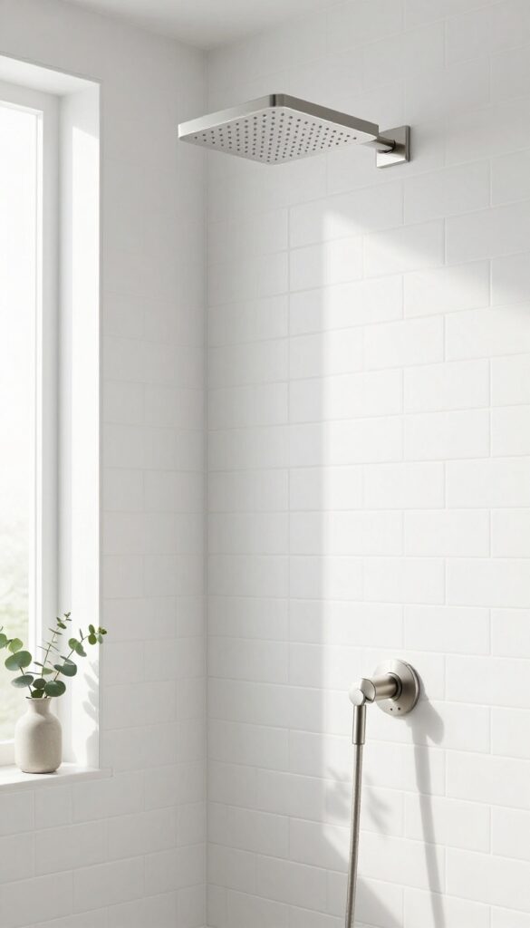 Modern bathroom with concealed thermostatic shower mixer, rain showerhead, and minimalist controls