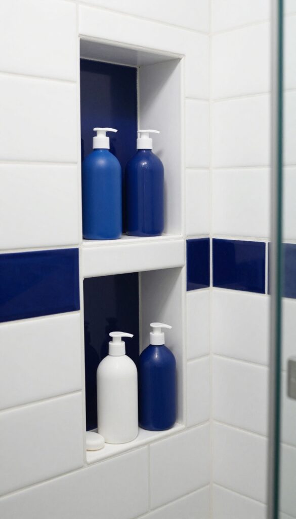 A color-blocked shower niche with navy blue tiles against white subway walls, featuring neatly arranged products in a modern bathroom setting.