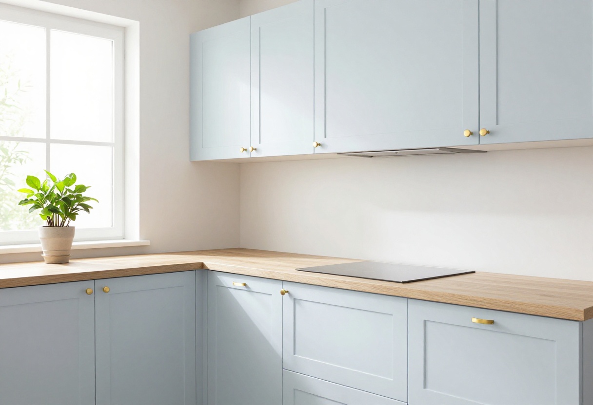 Small kitchen with white cabinets, pale blue backsplash, brass hardware, and wood shelving