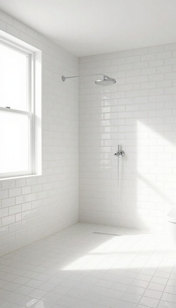A seamless subway tile shower extending to the ceiling in a bright, minimalist bathroom, enhancing the sense of height and openness with clean lines and natural light.