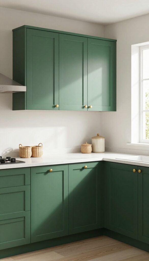 Small kitchen with dark green lower cabinets and white upper cabinets, brass hardware, light countertop, and natural light.