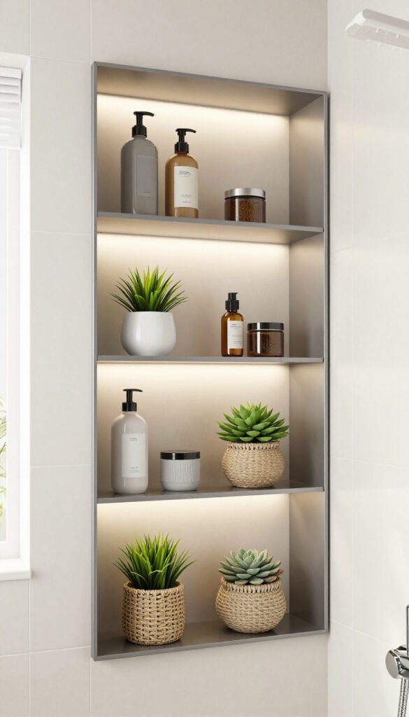 A customizable modular shower niche with adjustable shelves in a bathroom setting, showcasing organized storage for various products under bright natural light.
