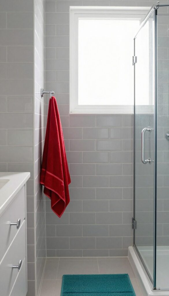 A bathroom shower with light grey tiles and colorful accents like a red towel and teal bath mat, showcasing a modern design with natural lighting.