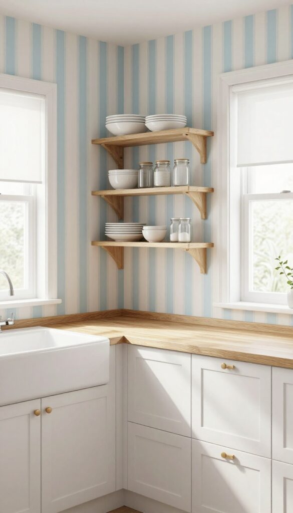 Narrow galley kitchen with pale blue and white vertical striped wallpaper, light wood open shelving, white cabinets, and a window with a roller shade.