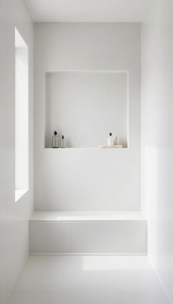 A curbless shower with a recessed niche wall for storage, showcasing clean design and natural light in a polished bathroom setting.